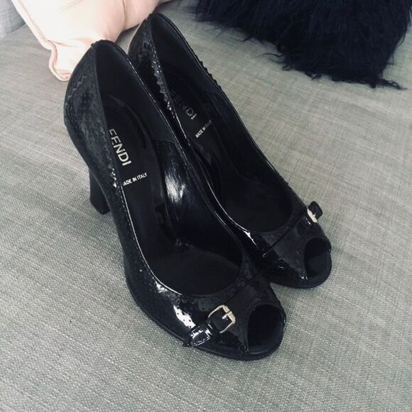 Y2K Fendi Designer Patent Leather Peep Toe Pump Sz 10 - Picture 5 of 14